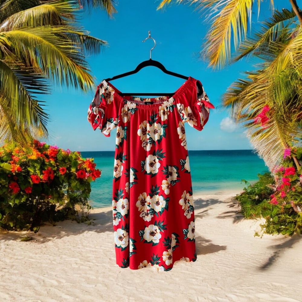 Derek Heart Red Floral Print On-Off Shoulder Super Soft Dress